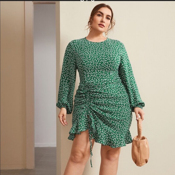 SHEIN Dresses Shein Curve Green Floral Rushed Dress Poshmark